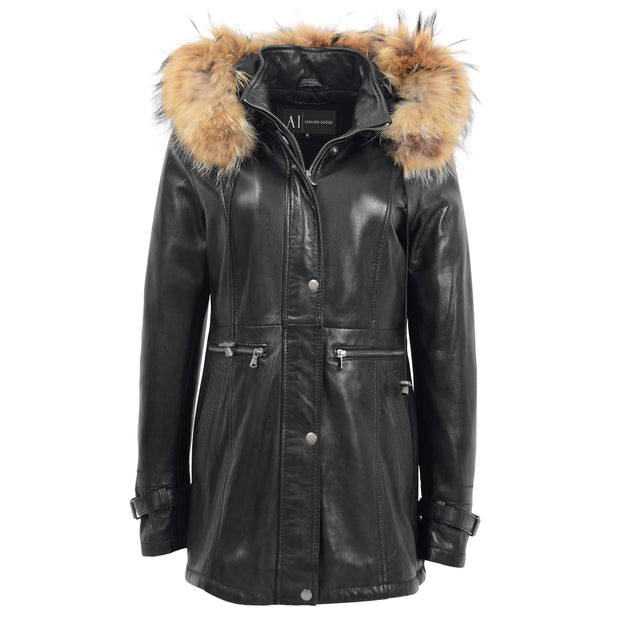 Ladies Genuine Black Leather Duffle Coat Removable Hood Parka Jacket Patty Without Hood Front 3