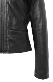 Womens Soft Black Leather Biker Jacket Stand-Up Band Collar Bliss 6
