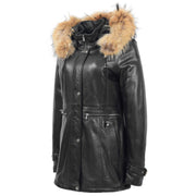 Ladies Genuine Black Leather Duffle Coat Removable Hood Parka Jacket Patty Front 2
