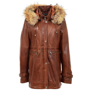 Ladies Genuine Cognac Leather Duffle Coat Removable Hood Parka Jacket Patty Front 3