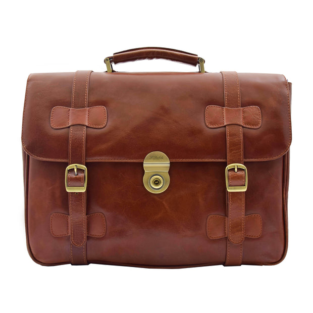 Mens Leather Briefcase Cognac Classic Vintage Style Office Bag - Matteo5