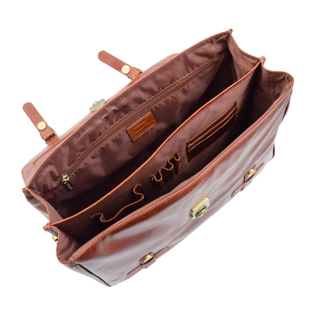 Mens Leather Briefcase Cognac Classic Vintage Style Office Bag - Matteo3