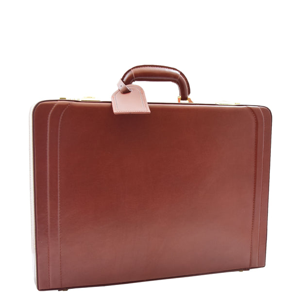 Mens Leather Attache Case Cognac Twin Lock Classic Briefcase - Musk5