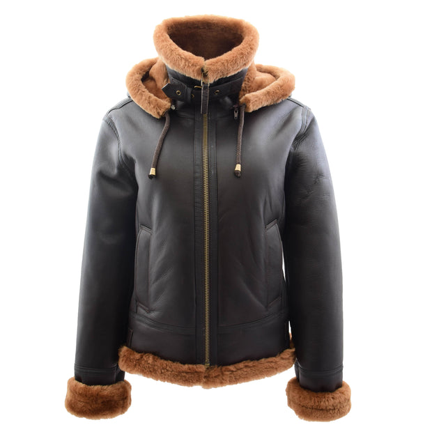 Womens Real Ginger Sheepskin Flying Jacket Hooded B3 Aviator Shearling Maria