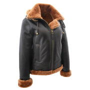 Womens Real Ginger Sheepskin Flying Jacket Hooded B3 Aviator Shearling Maria